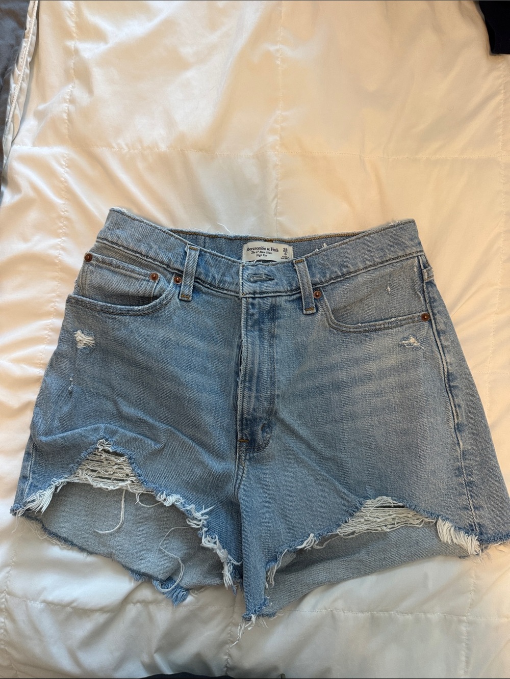 Abercrombie High-Rise Distressed Denim Shorts - Light Blue